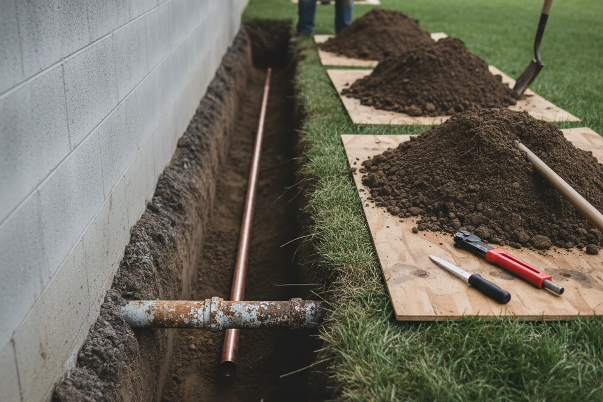 Excavated water line trench during Sewer Line Repair in Spencer